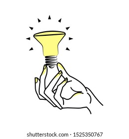 Innovation or creativity concept. Hand holds an electric glowing light bulb. Outline thin line icon. Isolated on white background. 