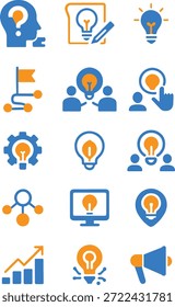 Innovation Kreativität Konzept Icons mit Glühbirne Flagge und Megaphon Symbole in blau und orange flach Design