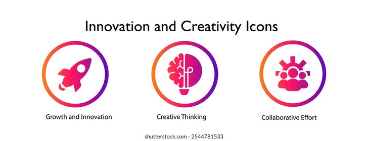 Iconos de innovación y creatividad: Pensamiento creativo, crecimiento e innovación, esfuerzo colaborativo