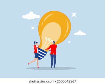 innovation or creativity idea concept, business people teamwork help carry big smart lightbulb innovation idea.invention help company achieve goal concept vector illustrator