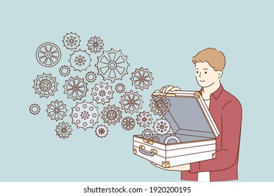 Innovation, Creativity, ideas concept. Young positive businessman cartoon character opening briefcase with flying gears mechanism of different many connected cogwheels acting as whole system