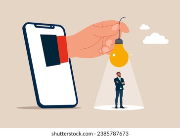 Innovation, creativity or thinking about idea, solution to solve problem or brainstorm. Hand holds light bulb. Flat vector illustration