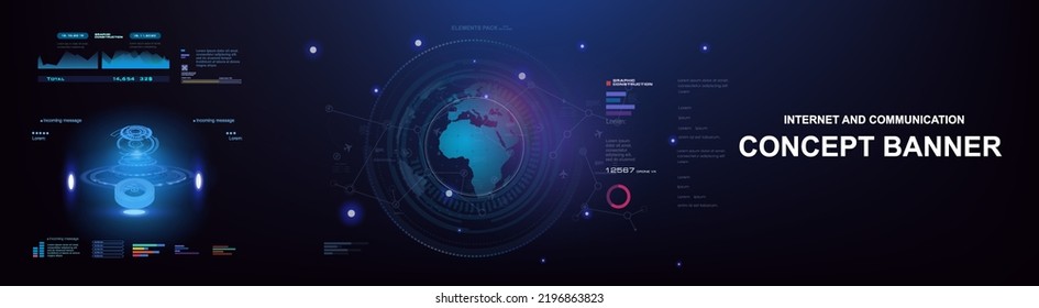 Banner cibernético de innovación con elementos HUD. Las tecnologías de Internet y las comunicaciones en un entorno futurista. Portal holográfico con el planeta tierra. 5 G proceso de intercambio de datos por Internet