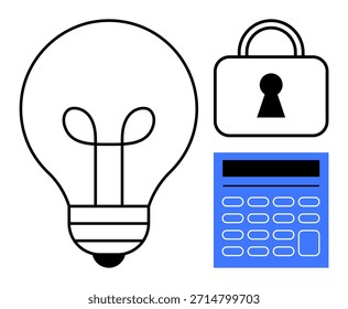 Innovation, cybersecurity, data protection, technology solutions, problem-solving, and business strategy. ion of a lightbulb, lock and calculator. Innovation and cybersecurity concept - Powered by Shutterstock - Get 15% off with code: PIKWIZARD15
