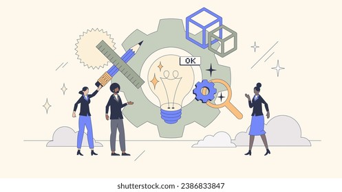 Innovation and development with creative project retro tiny person concept. Find effective solution with innovative improvement vector illustration. Smart engineering teamwork for successful project.