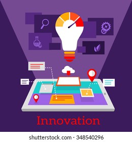 Innovation digital flat design. Innovation concept, creative idea, innovation technology, light bulb, web internet communication, business connection and development illustration