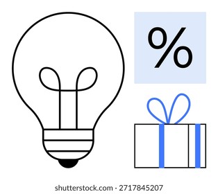 Innovación, marketing de descuentos, programa de recompensas, ideas de regalos, ahorros creativos y promociones. Bombilla, caja de regalo y símbolo de porcentaje. Diseño conceptual de innovación y marketing de descuentos