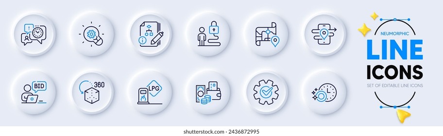 Innovation, Dishwasher timer and Algorithm line icons for web app. Pack of Map, Gas station, Gps pictogram icons. Lock, Augmented reality, Cogwheel signs. Online auction, Time management. Vector