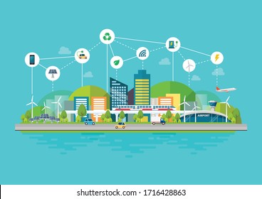 Innovation Eco Friendly Cityscape With Infrastructure And Transportation. Smart City Concept Vector Illustration