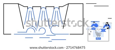 Innovation, e-commerce, technology, business strategy, data flow, consumer interaction. Waterfall flowing with abstract lines. Innovation and e-commerce concepts visually