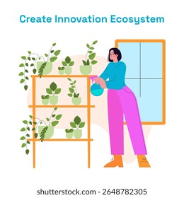 A criação de ecossistemas de inovação promove o crescimento e a colaboração em tecnologia e cultivo de plantas. Uma mulher cultiva vegetação, simbolizando inovação e práticas sustentáveis na vida urbana. Vetor