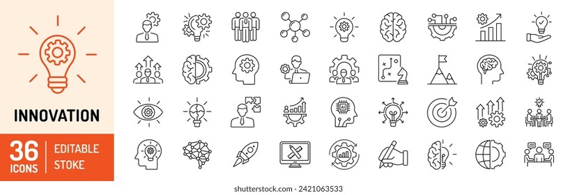 Juego de iconos de contorno de trazo modificables para la innovación. Creatividad, trabajo en equipo, pensamiento, gestión, bombilla, idea, lluvia de ideas e invención. Ilustración del vector