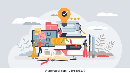 Innovation in education for effective and smart knowledge tiny person concept. Innovative technology usage in school, university or e-learning systems vector illustration. Study and development.