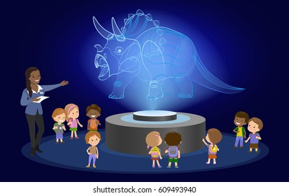 Innovation Education Elementary School African Brown Skin Black Hair Group Of Kids Hologram On Future Museum Center. Vector Illustration. Dinosaur 3d Triceratops Children Pupil Trip