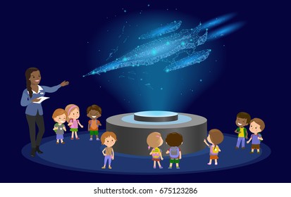Innovation education elementary school african brown skin black hair group of kids planetarium science spaceship hologram on space future museum center. vector illustration art