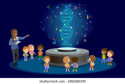 Innovation Education Elementary School Learning Technology - Group Of Kids To Molecule Of DNA. Hologram On Biology Lesson Future Museum Center Vector.