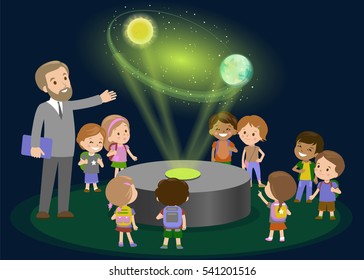 Innovation Education Elementary School Learning Technology And People Concept - Group Of Kids Looking To Orbit Of Earth. Hologram On Space Lesson Future Museum Center. Vector Illustration