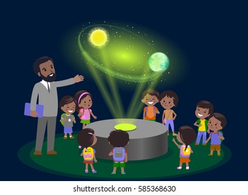 Innovation education elementary school learning technology and people concept - group of kids looking to orbit of earth. hologram on space lesson future museum center. vector illustration.