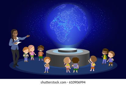 Innovation Education Elementary School Learning Blue Glowing Presentation Geography Astronomy Concept - Group Of Kids Looking To Planet Earth. Hologram Space Lesson Future Museum Vector Illustration