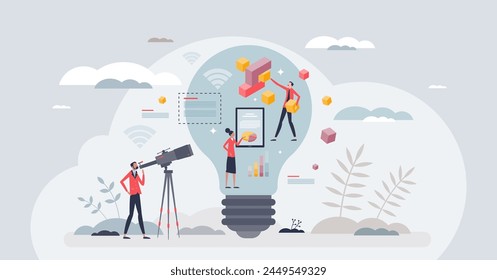 Innovation in education with modern technology usage tiny person concept. Creativity and innovative approach for teaching science vector illustration. Learning with new AI and AR integrated methods.