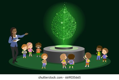 Innovation education school kindergarten african brown skin black hair group kids hologram on future museum center. vector illustration.3d green leafs polygonal children pupil trip