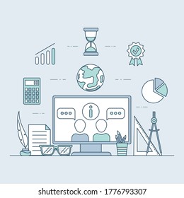 Innovation education vector cartoon outline illustration. Distant learning, online education concept. Computer screen with lessons and workspace. Digital classroom, electronic learning platform.
