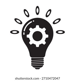 Icono de innovación e ingeniería. Bombilla negra con un engranaje en el interior e irradiando luz para el pensamiento creativo, soluciones técnicas e ideas.