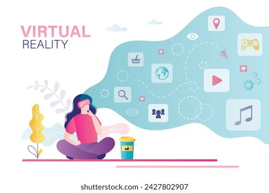Innovation entertainment, customer woman uses virtual reality headset and interaction with abstract graphs and mobile icons. Female character in vr app, digital life scene. Cyberspace, new technology.