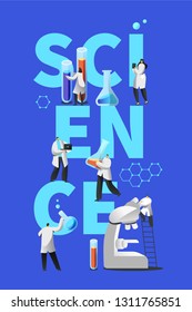 Innovation Experiment Laboratory Scientific Banner. Scientist in Science Education Research Chemical Lab with Flask, Tube, Molecule Microscope and Equipment Flat Cartoon Vector Illustration