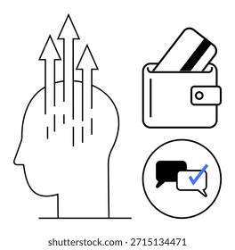 Innovación, seguridad financiera, comunicación digital, desarrollo personal, conceptos tecnológicos y toma de decisiones. Arte de línea de una cabeza con flechas, billetera con tarjeta e iconos de chat. Innovación