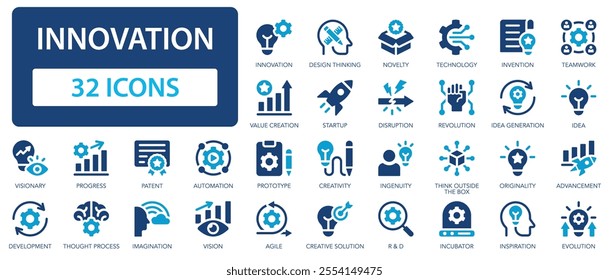 Innovation flat icons collection. Idea, creativity, invention, prototype, education, revolution, startup, strategy, progress, advancement, vision sign set.