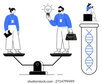 Innovation, gender equality, teamwork, biotechnology, ideas, workplace culture. Two professionals balanced on scales, DNA strand in a tube. Gender equality and innovation concept