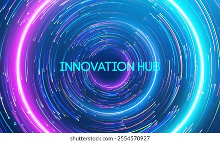 Innovation hub illuminated within a dynamic swirl of neon energy and futuristic creativity. Big data and data science integration with advanced technology and artificial intelligence concepts.