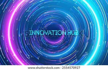 Innovation hub illuminated within a dynamic swirl of neon energy and futuristic creativity. Big data and data science integration with advanced technology and artificial intelligence concepts.