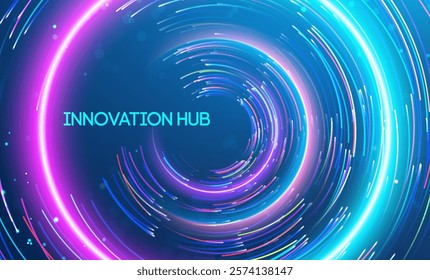 Innovation hub symbolized by circular motion of radiant light trails in a digital format. Big data and data science integration with advanced technology and artificial intelligence concepts.