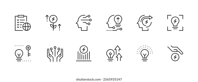Innovation icon collection. Idea, creativity, inspiration, thinking, brainstorming, productivity, coordination, progress and more. Editable stroke. Pixel Perfect. Grid base 32px.