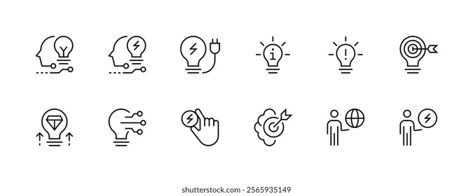 Innovation icon collection. Idea, creativity, inspiration, thinking, brainstorming, productivity, coordination, progress and more. Editable stroke. Pixel Perfect. Grid base 32px.