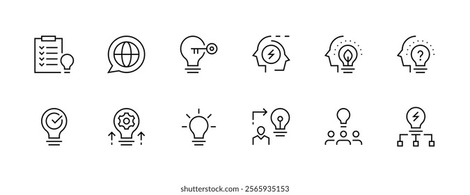 Innovation icon collection. Idea, creativity, inspiration, thinking, brainstorming, productivity, coordination, progress and more. Editable stroke. Pixel Perfect. Grid base 32px.