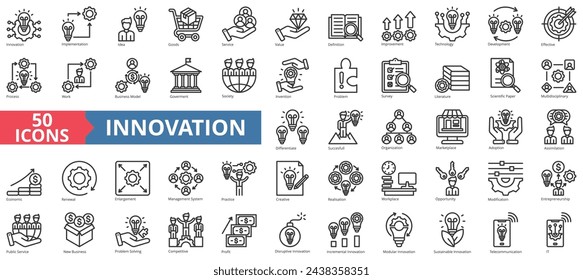 Innovation icon collection set. Containing implementation, idea, goods, service, value, definition, improvement icon. Simple line vector