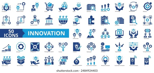 Innovation icon collection set. Containing implementation, idea, goods, service, value, definition, improvement icon. Simple flat vector