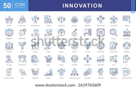Innovation icon collection set. Containing implementation, idea, profit growth, service, value, definition, improvement icon.