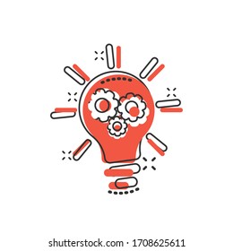 Innovation icon in comic style. Lightbulb with cogwheel cartoon vector illustration on white isolated background. Idea splash effect business concept.