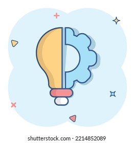 Innovation icon in comic style. Lightbulb with cogwheel cartoon vector illustration on white isolated background. Idea splash effect business concept.
