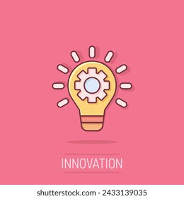 Innovation icon in comic style. Lightbulb with cogwheel cartoon vector illustration on isolated background. Idea splash effect business concept.