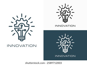 innovation icon design logo. Light bulb and gears inside. inspiration icon in simple design line style. innovation symbol. simple innovation logo vector