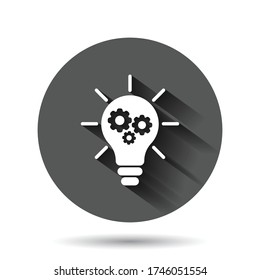 Innovation icon in flat style. Lightbulb with cogwheel vector illustration on black round background with long shadow effect. Idea circle button business concept.