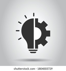 Icono de innovación en estilo plano. Bombilla de luz con ilustración del vector de la rueda sobre fondo aislado blanco. Idea concepto de negocio.