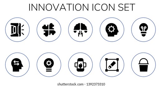 innovation icon set. 10 filled innovation icons.  Simple modern icons about  - 3d printer, Mind, Solution, Lightbulb, Brainstorming, Lamp, Inspiration, Transform, Cube