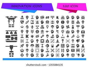 innovation icon set. 120 filled innovation icons.  Collection Of - Drone, 3d printer, Idea, Mind, Ideas, Illumination, Lamp, Trick, Emblem, Startup, Initiative, Brain, Cube, Lightbulb