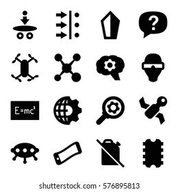 Innovation icon. Set of 16 Innovation filled icons such as atom move, atom, gear, exclamation, satellite, UFO, axle with propeller, man in smart glasses, CPU, wavy phone
